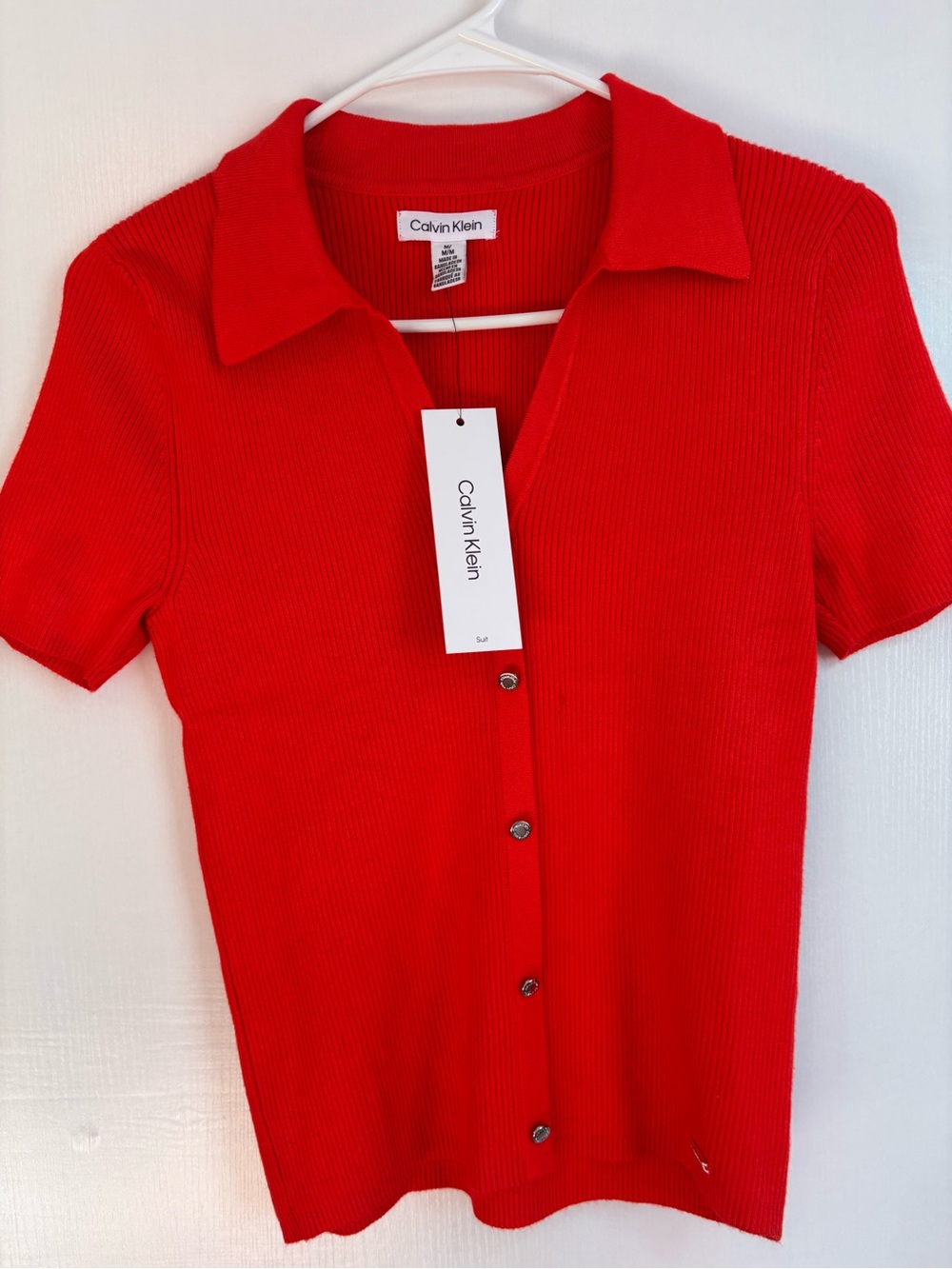 Calvin Klein Red Short-Sleeve Button-Down Polo Top